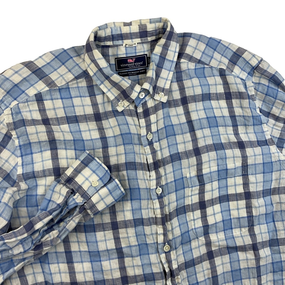 Vineyard Vines Murray Shirt Men Sz L Classic Fit 100% Linen Gingham Plaid Resort